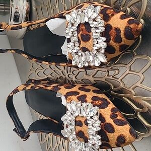 Leopard Print Slingback Flats with Crystal Embellishment